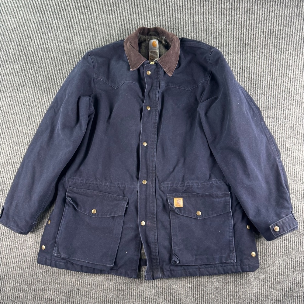 Carhartt Jacket Men Extra Large Navy Duck Blanket Lined Corduroy Collar C52MDT